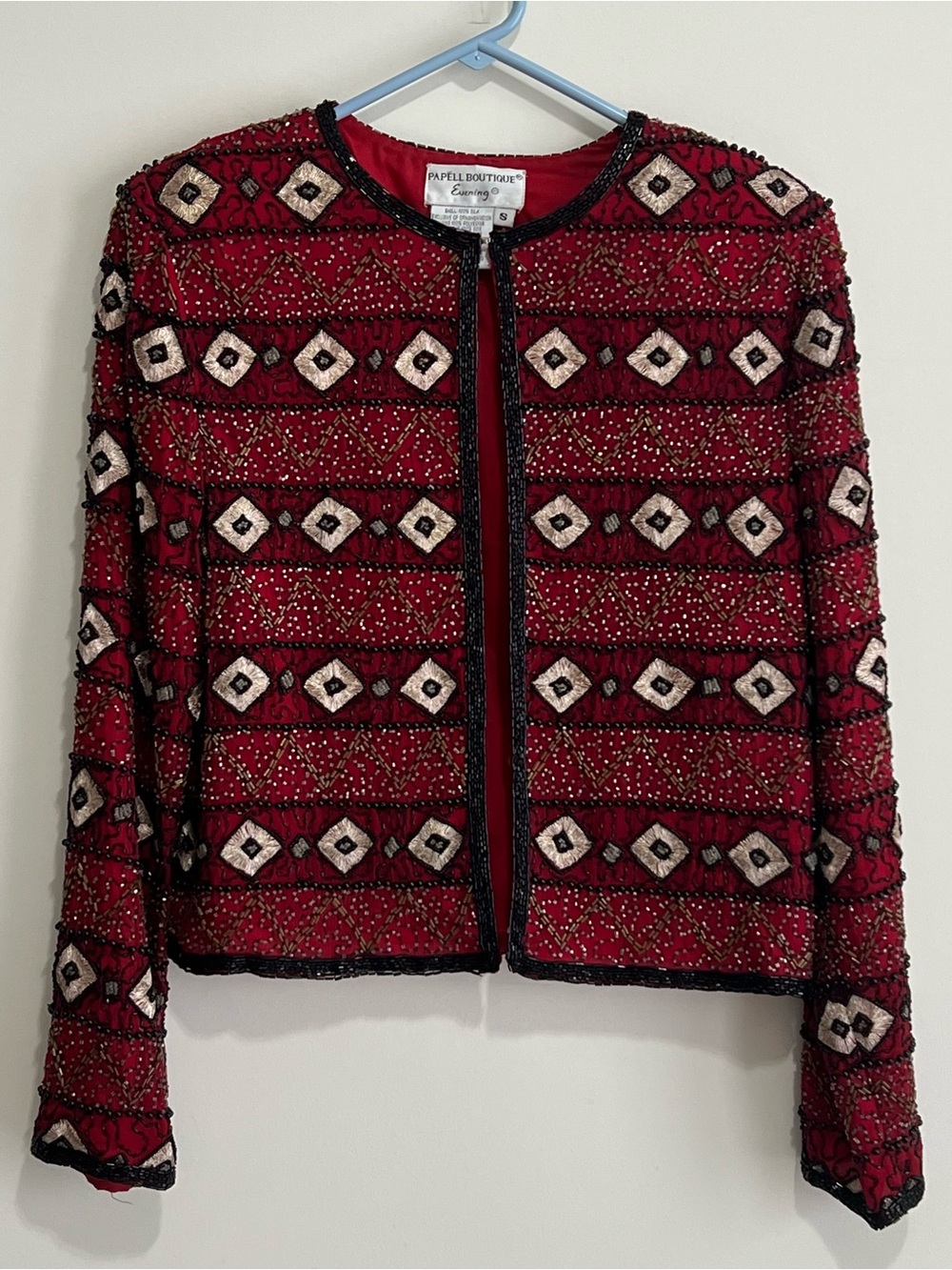 Papell Boutique Vintage Red Beaded Geometric Jacket - Size S